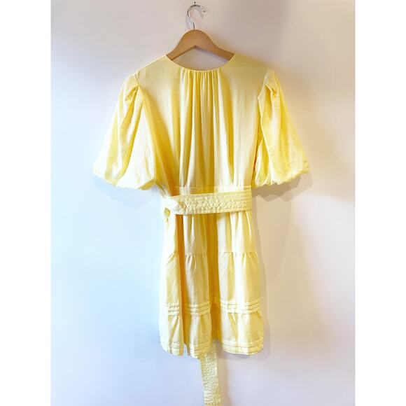 Marie Oliver Silk Cotton Butter Yellow Tie Waist V-Neck Side Zip Short Dress 10 - Picture 4 of 11